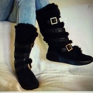TORY BURCH Jaden Style#24108106 Buckle Rabbit Fur Suede Black Boots Size 8